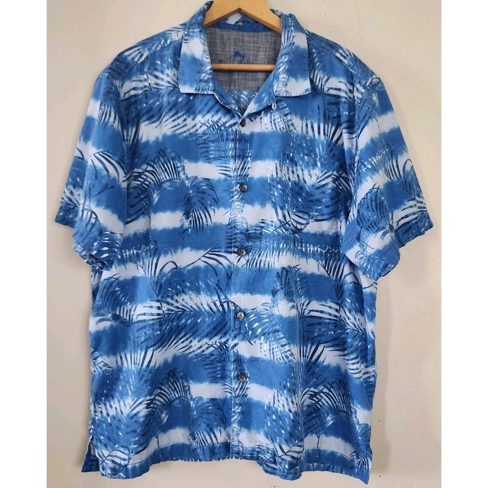 Tommy Bahama Hawaiian Mens XL Blue Shirt Palm Leaf Tropical Vacation Summer